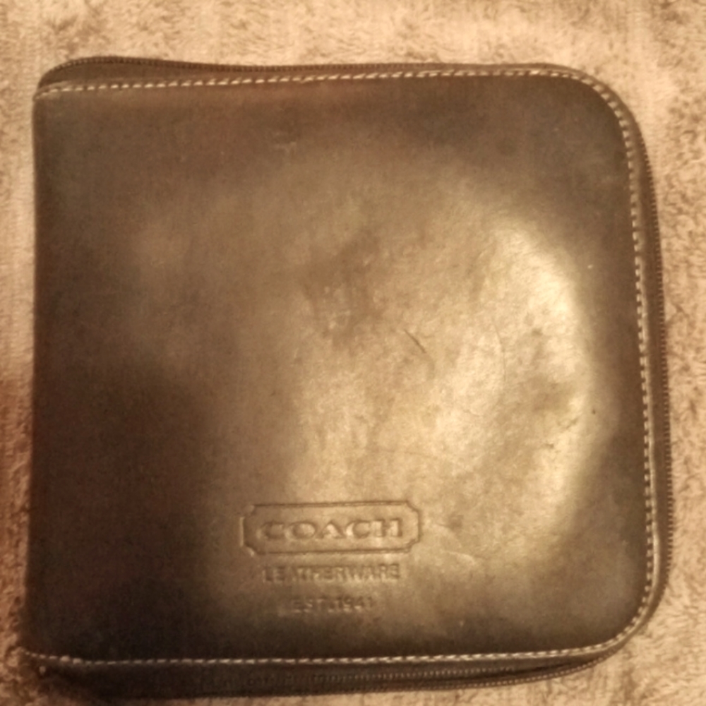 Coach CD black leather zipper case for the auto, holds 24 CD